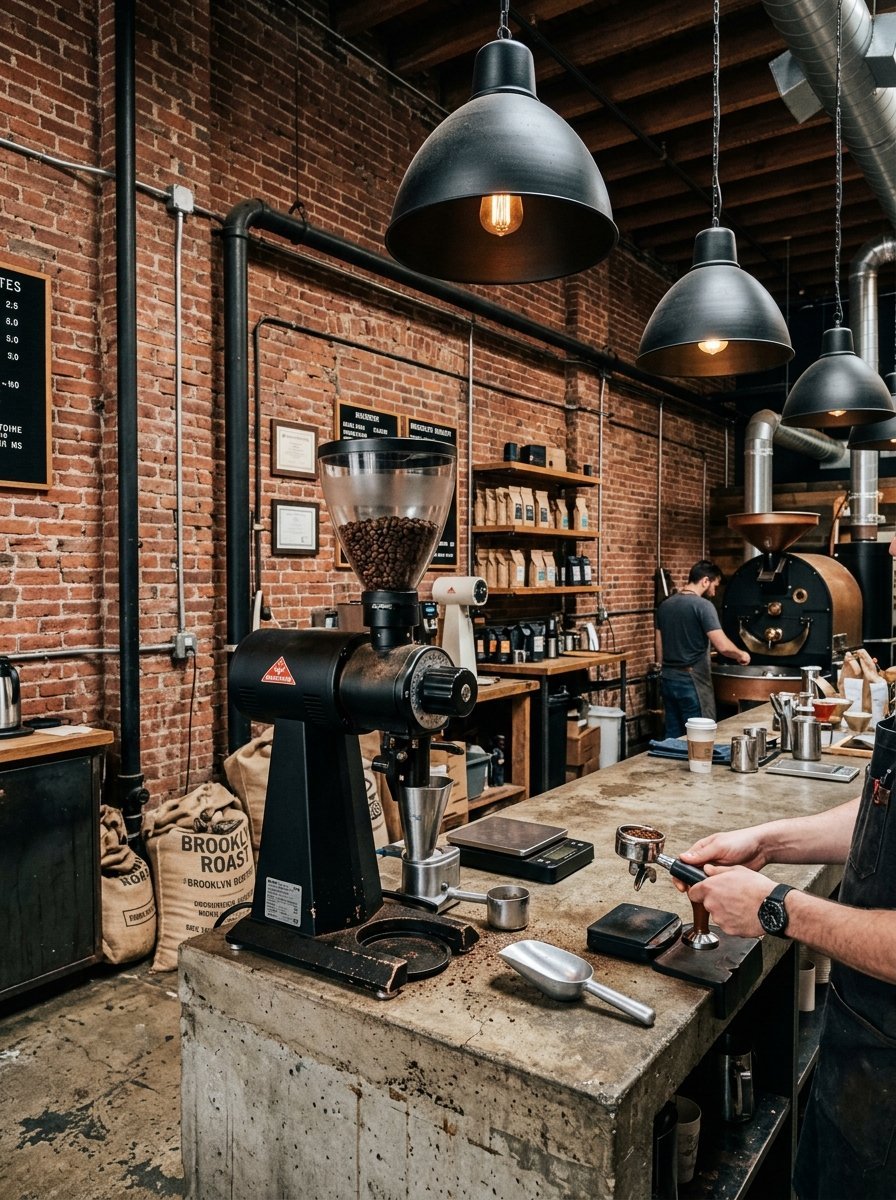 A barista works at a concrete counter with a coffee grinder in an industrial cafe with exposed brick walls.