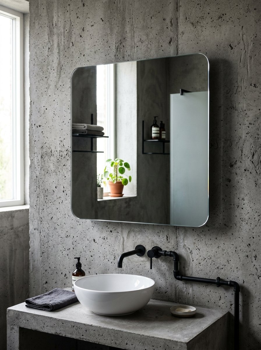 A white round vessel sink sits on a raw concrete vanity under a large rectangular mirror against a textured wall.