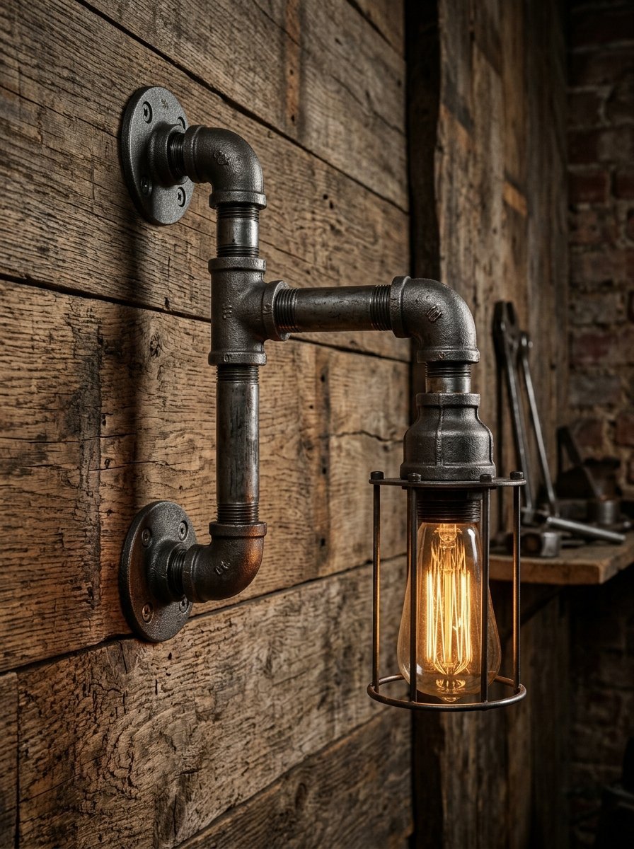 A vintage Edison light bulb glowing inside a metal cage attached to a wall by industrial pipes.
