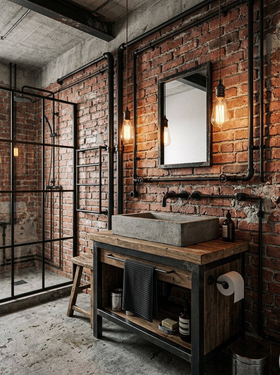 Exposed brick walls, black metal plumbing, and concrete sink in a moody industrial style bathroom.