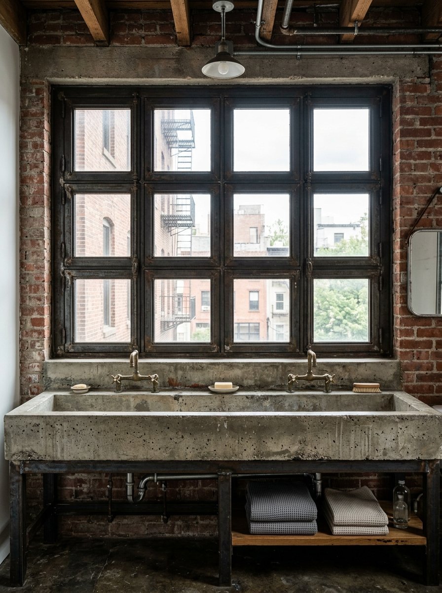 Double concrete washbasin with vintage metal taps in a loft apartment with a view of city fire escapes.