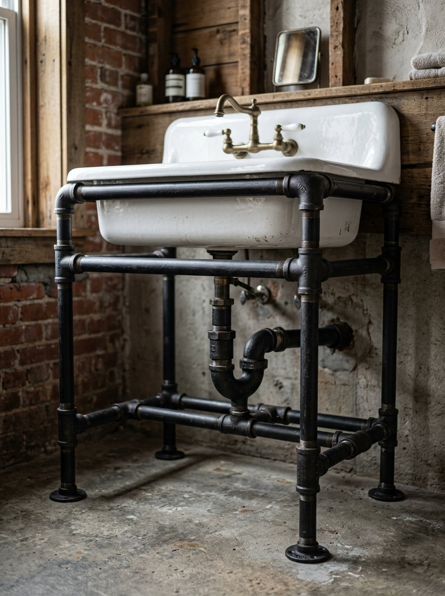 Vintage farmhouse sink supported by raw metal plumbing pipes against a weathered brick and concrete wall.