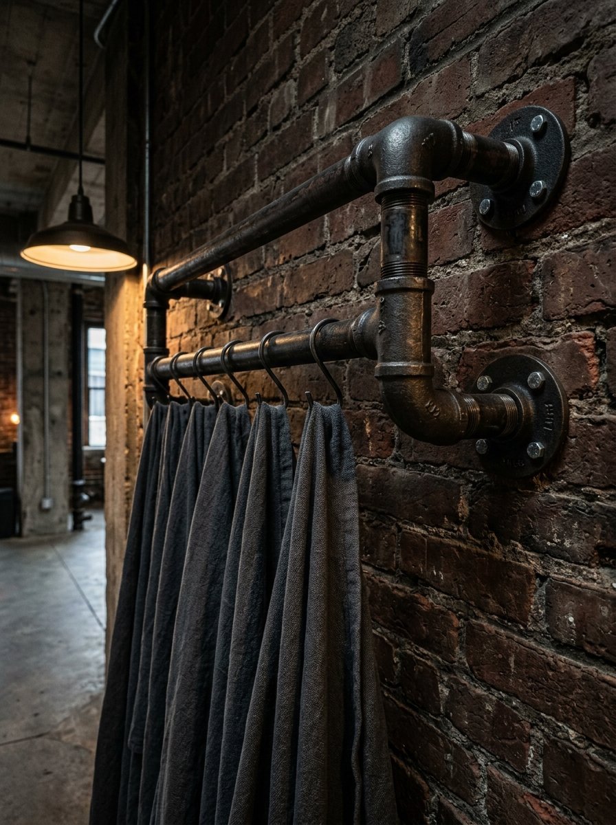 Close up of an industrial black iron pipe towel bar mounted on a red brick wall with hanging grey fabric towels.