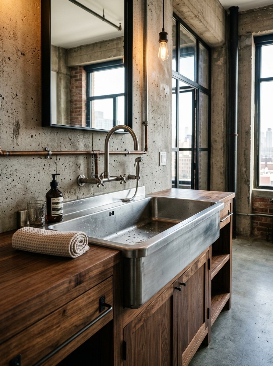 Stainless steel farmhouse sink set in a wooden cabinet against a concrete wall with exposed plumbing fixtures.