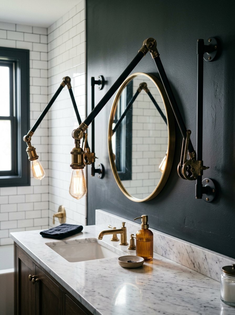Round gold mirror mounted on a dark green wall above a marble vanity with vintage Edison bulb swing-arm lights.