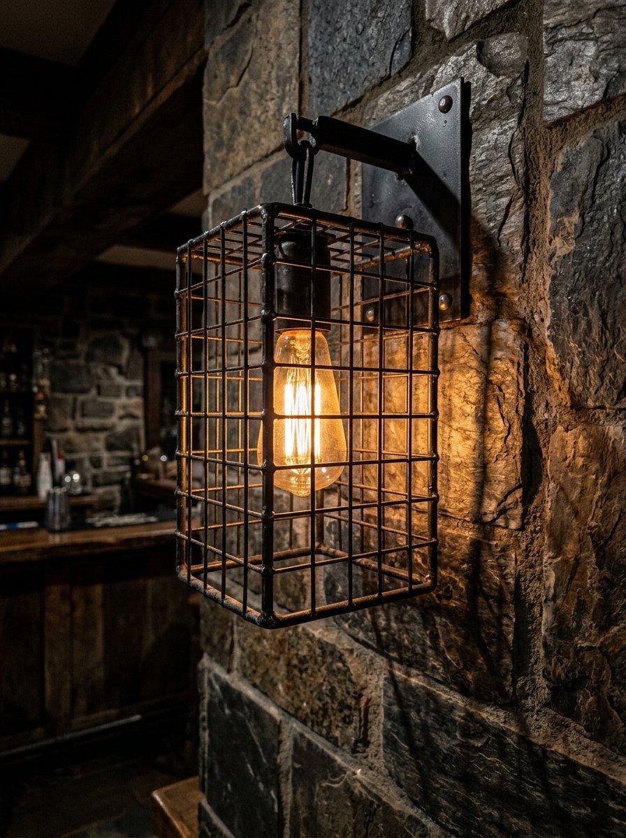 Vintage caged wall lamp mounted on a dark stone textured wall.