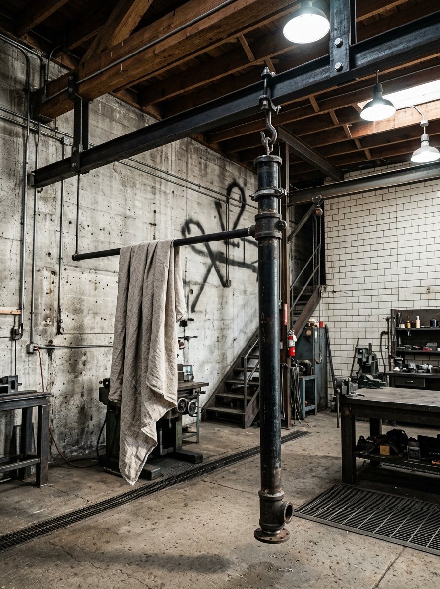 Neutral linen fabric draped over a pipe structure inside a spacious metalworking workshop with stairs.