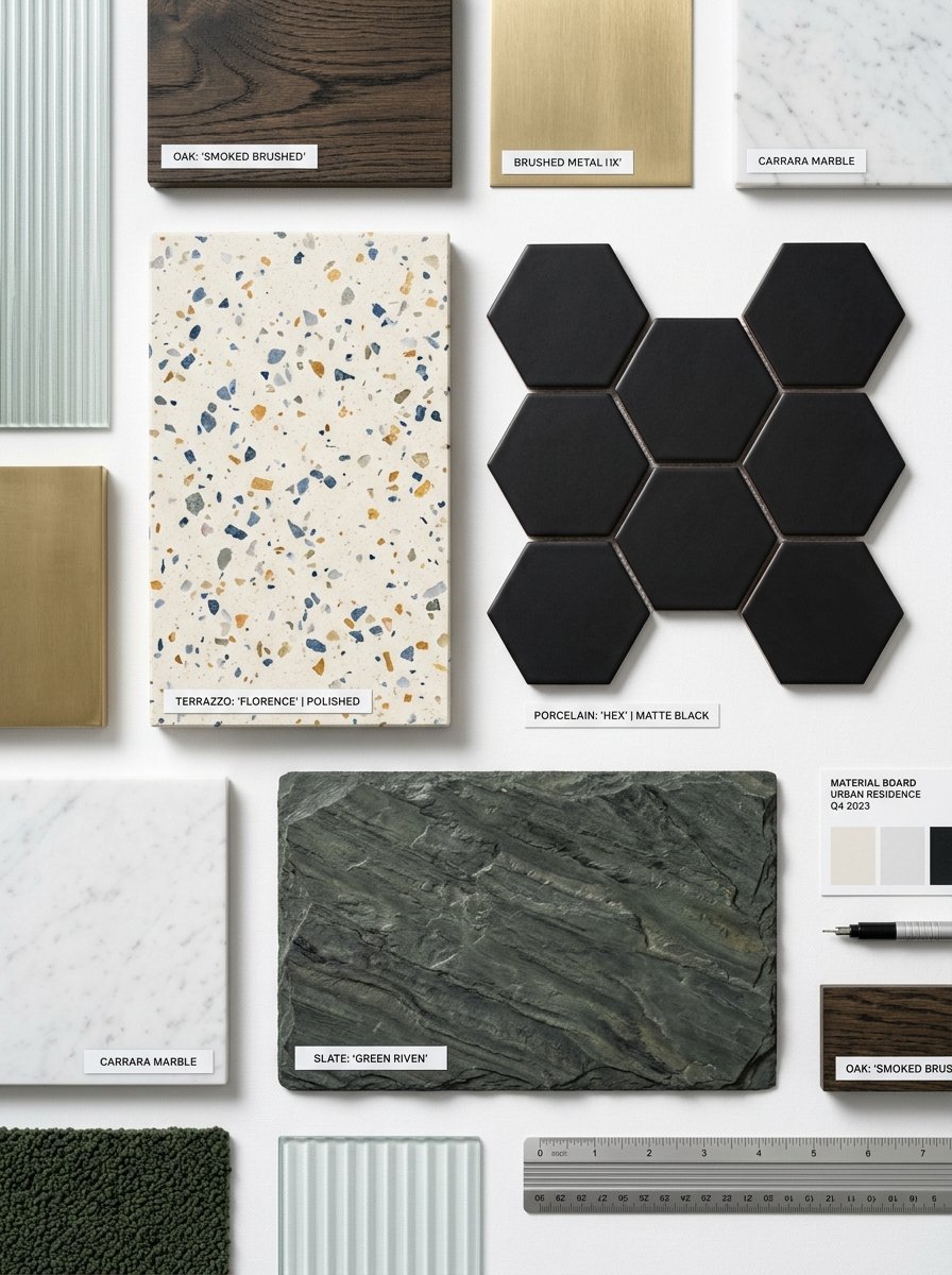 Top-down view of interior design swatches including terrazzo, slate, marble, matte black tiles, and wood samples.