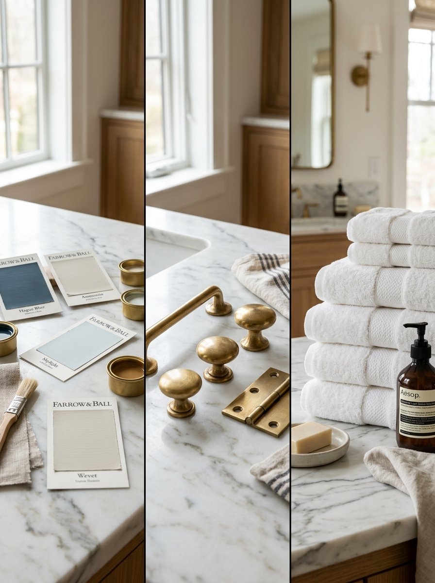 A triptych showing Farrow and Ball paint samples, brass cabinet knobs, and a stack of white towels on marble.