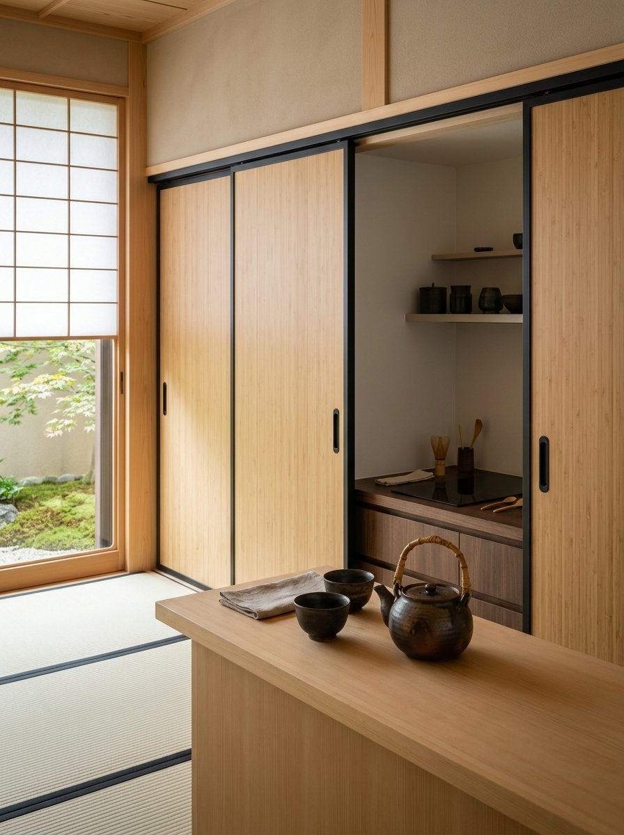 Ceramic teapot and cups on a wooden counter with bamboo sliding panels and tatami mat flooring.