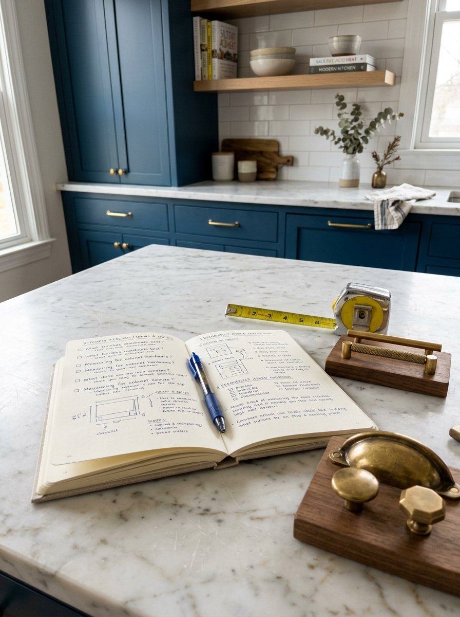 An open notebook with handwritten notes and sketches on a marble kitchen island alongside various brass hardware samples.