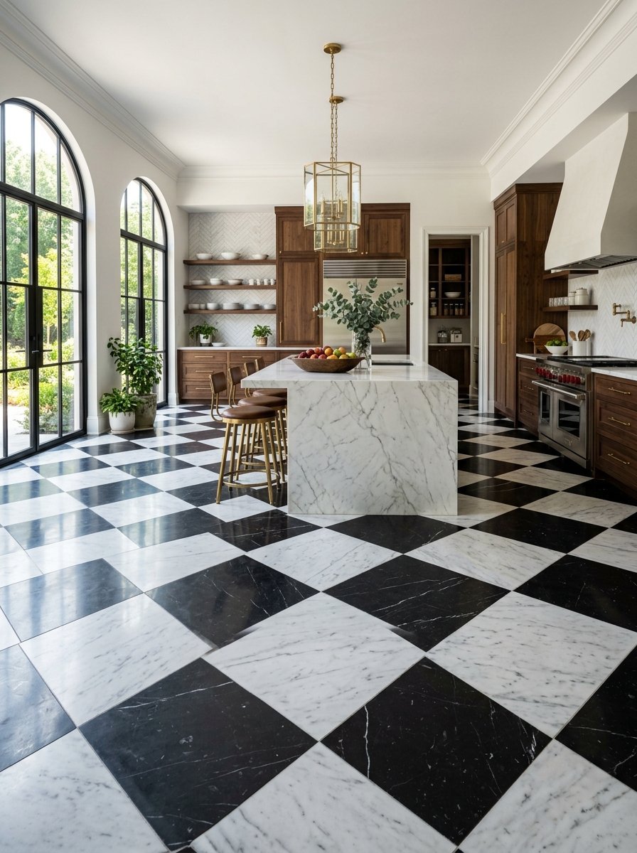 Modern kitchen with checkered marble flooring, walnut cabinets, and large black metal arched windows.