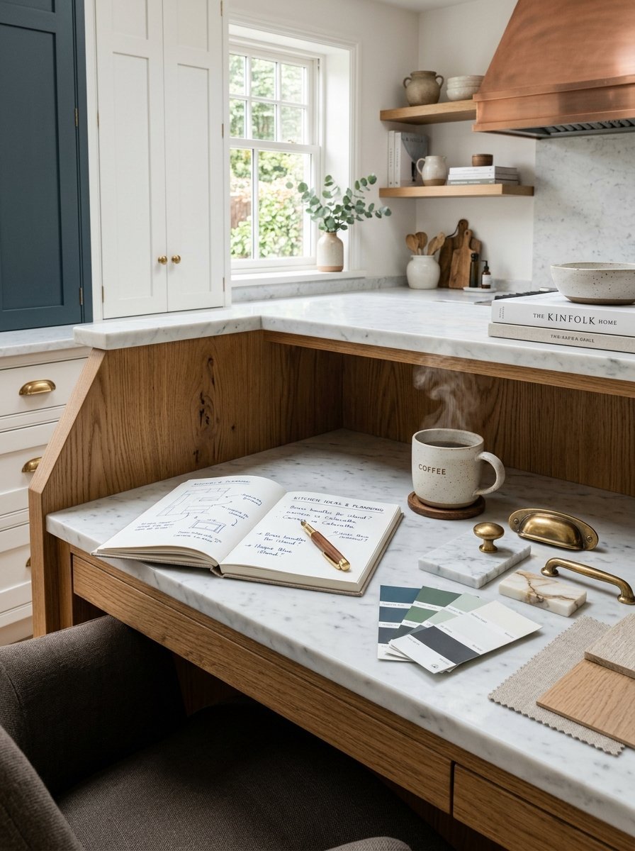 An open notebook on a marble countertop with brass cabinet handles, paint samples, and a steaming cup of coffee.