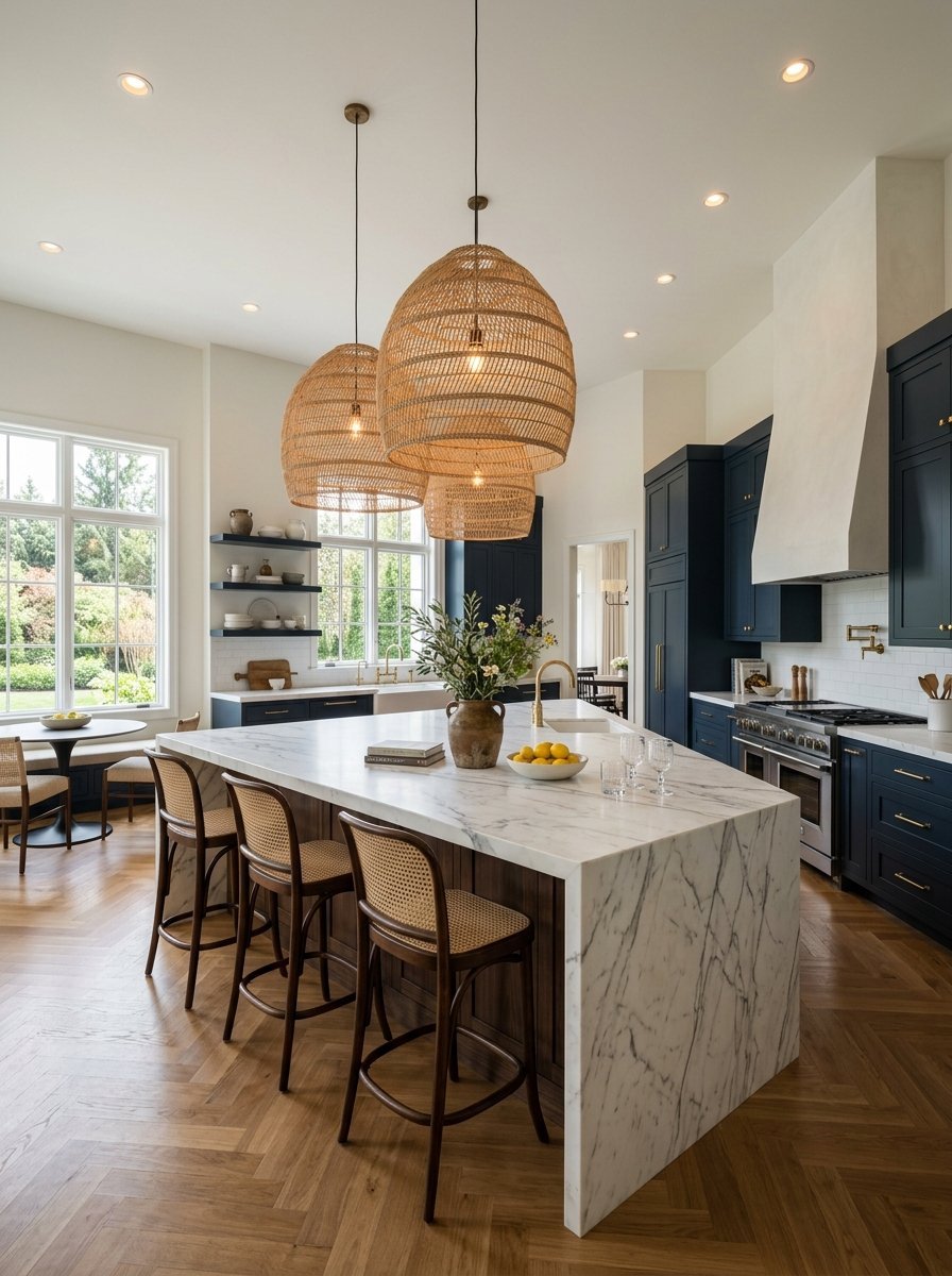 Large kitchen island with white marble waterfall countertop and three wooden cane back bar stools.