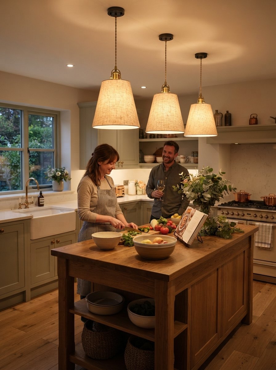 Man and woman chatting in a kitchen with three linen pendant lights hanging over a wooden island.