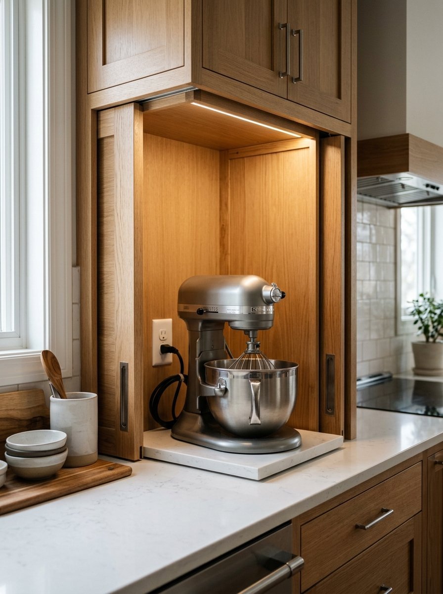 Silver stand mixer sitting on a marble base within a wooden cabinet kitchen storage nook.