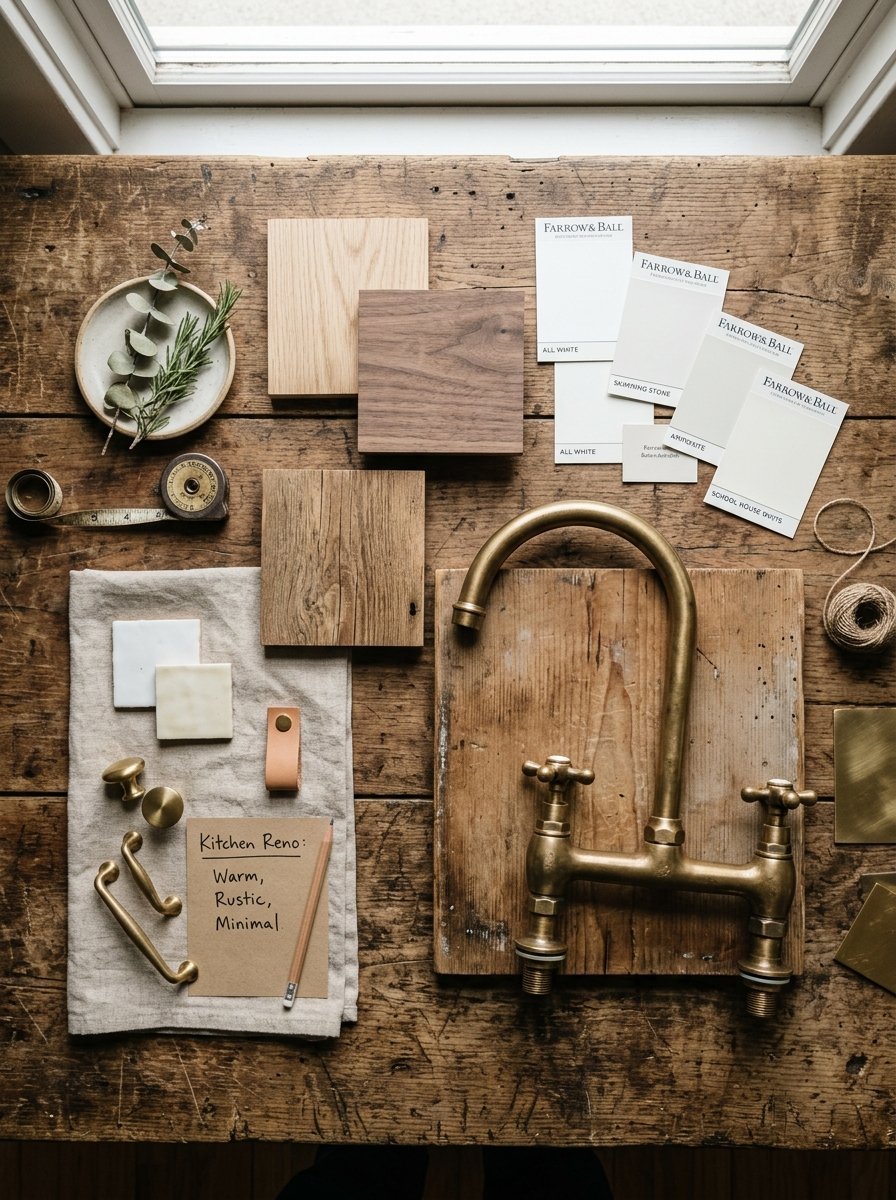 Top-down view of kitchen design samples including brass faucet, wood swatches, paint chips, and hardware on a wood table.