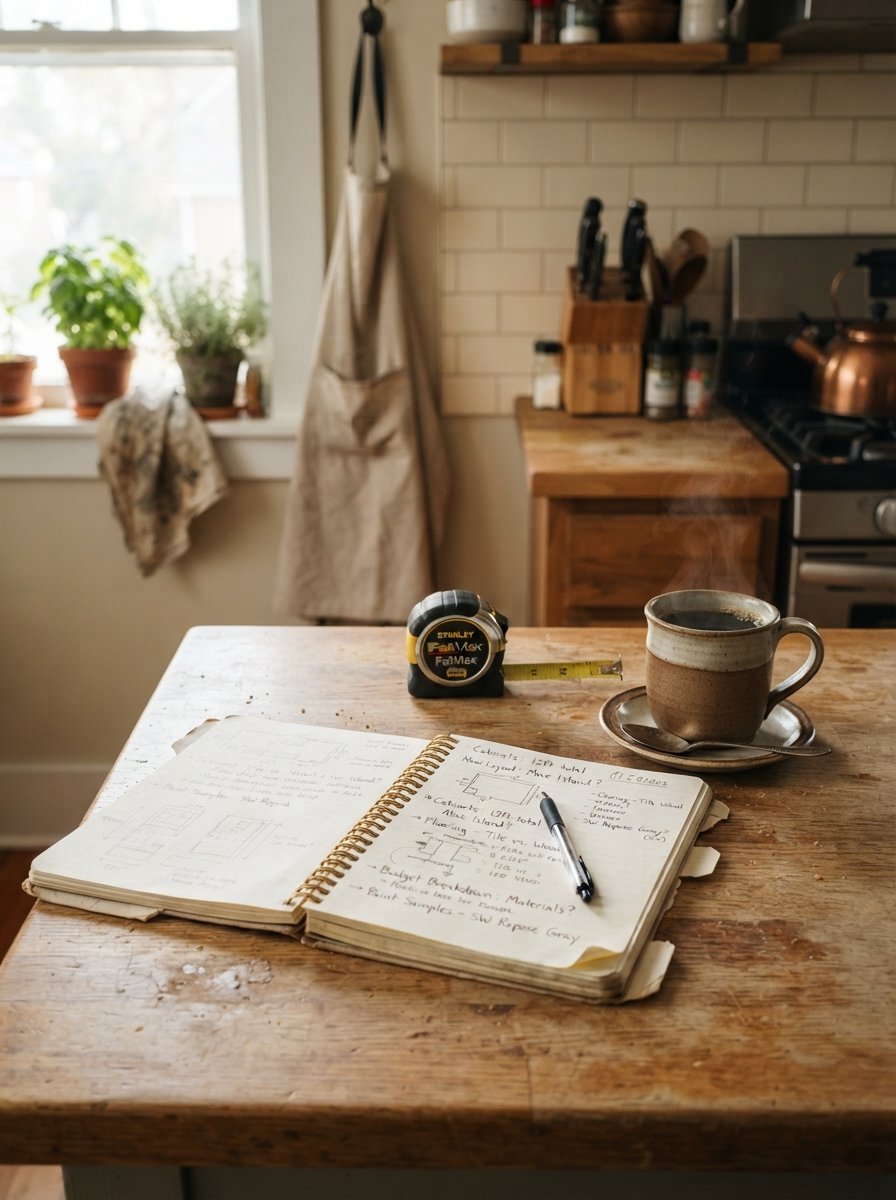 An open spiral notebook with handwritten architectural sketches and notes sits on a rustic kitchen table.