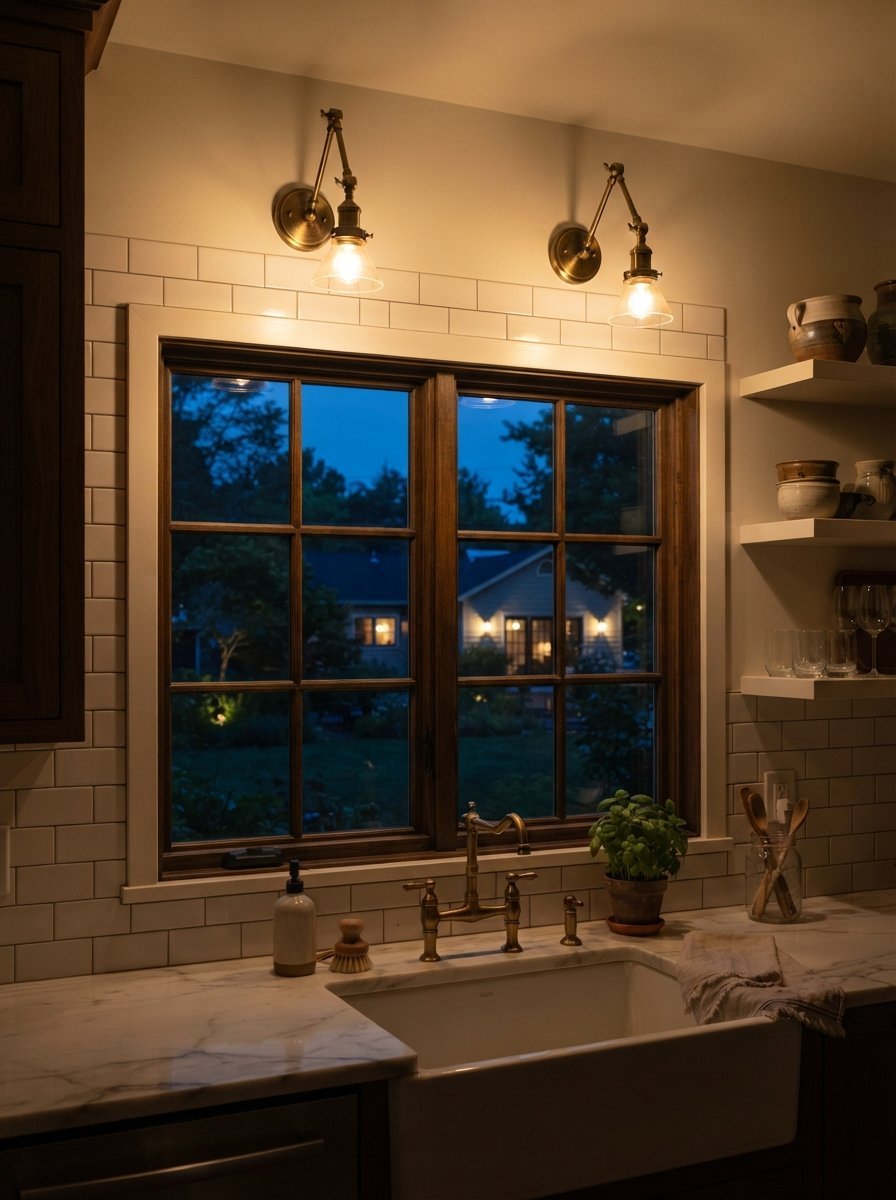A farmhouse sink below a window with brass sconces and white tile backsplash in a dim kitchen.