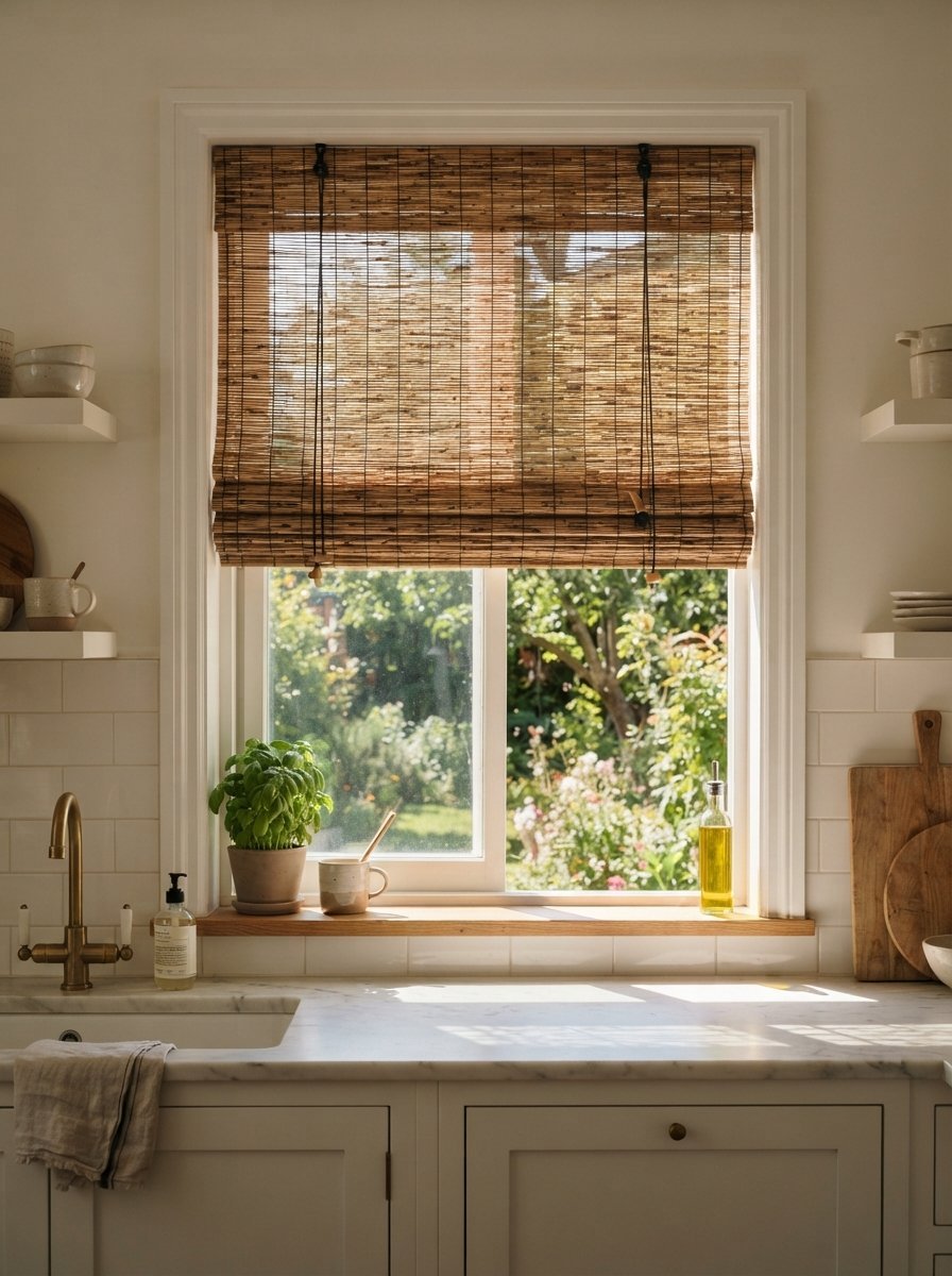 Bright kitchen window with a bamboo blind, potted basil, and garden view.