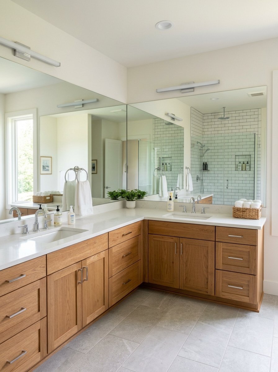 Corner bathroom vanity featuring warm wood cabinets, white stone counters, and large wall-to-wall mirrors.