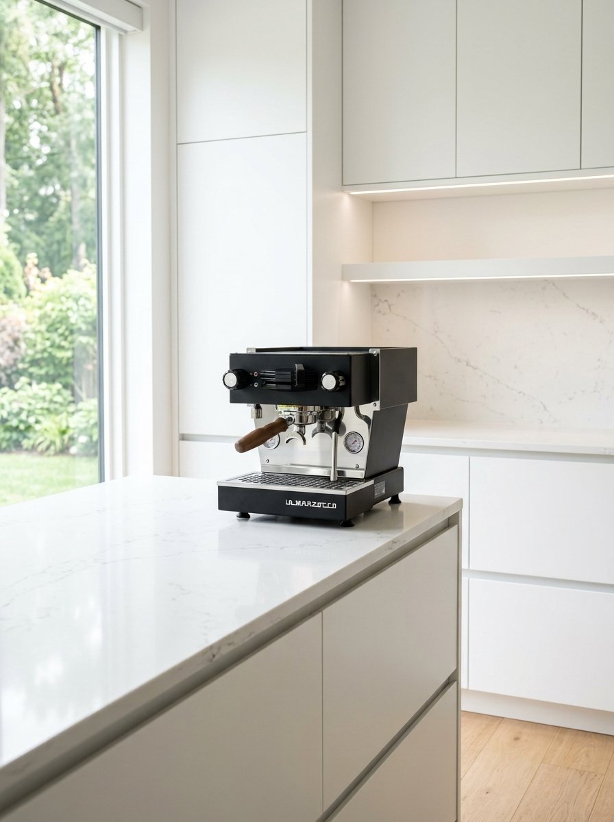 Professional espresso maker placed on a white stone kitchen countertop in a modern bright home.