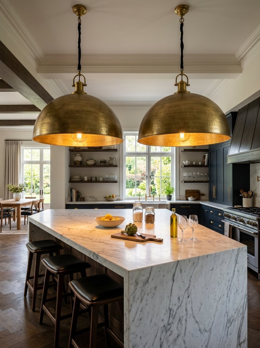 A luxury kitchen featuring an expansive marble waterfall island with black stools and two oversized brass pendant lights.