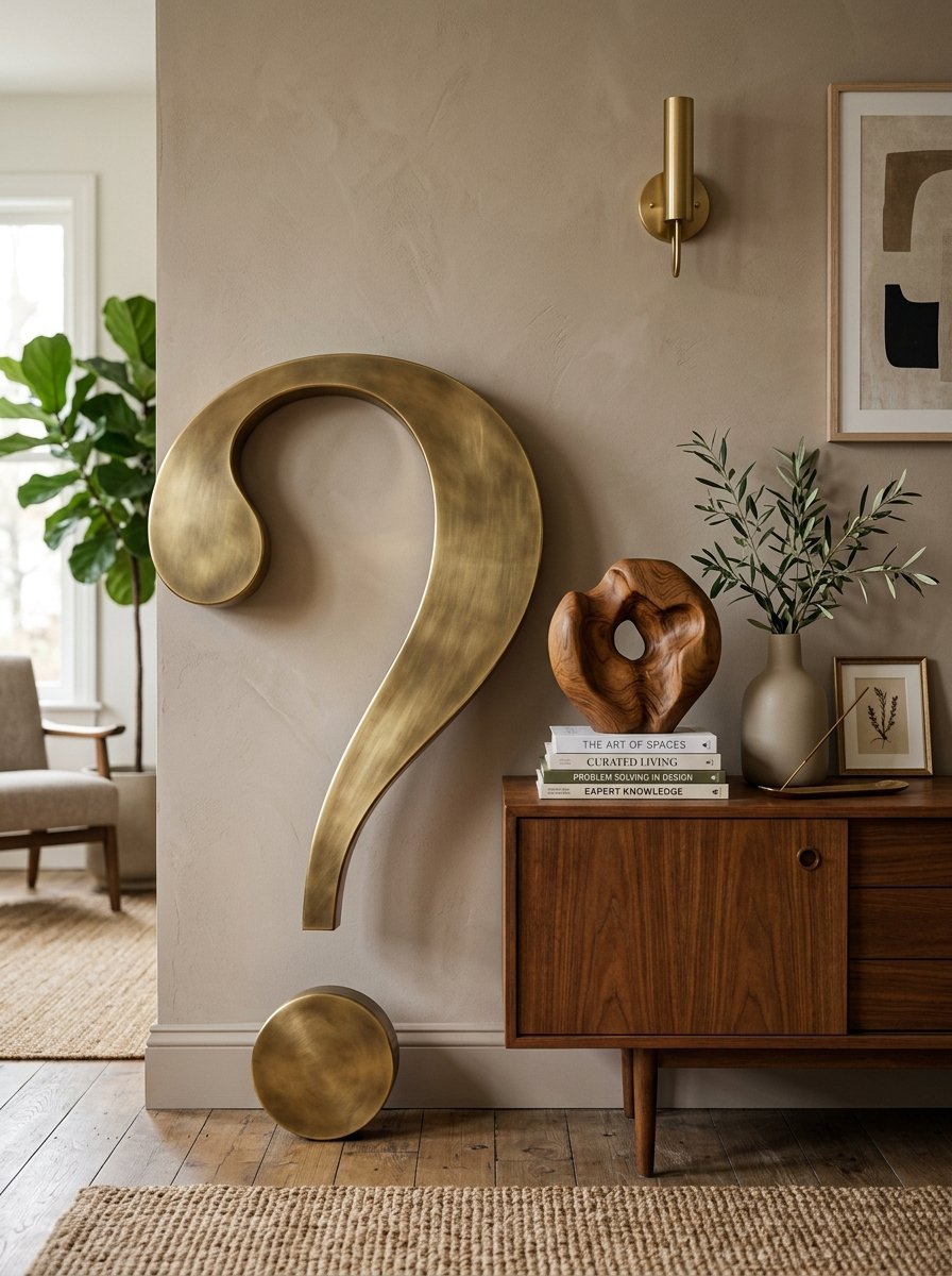 A giant brass question mark decor piece standing beside a mid-century wooden sideboard and indoor plants.