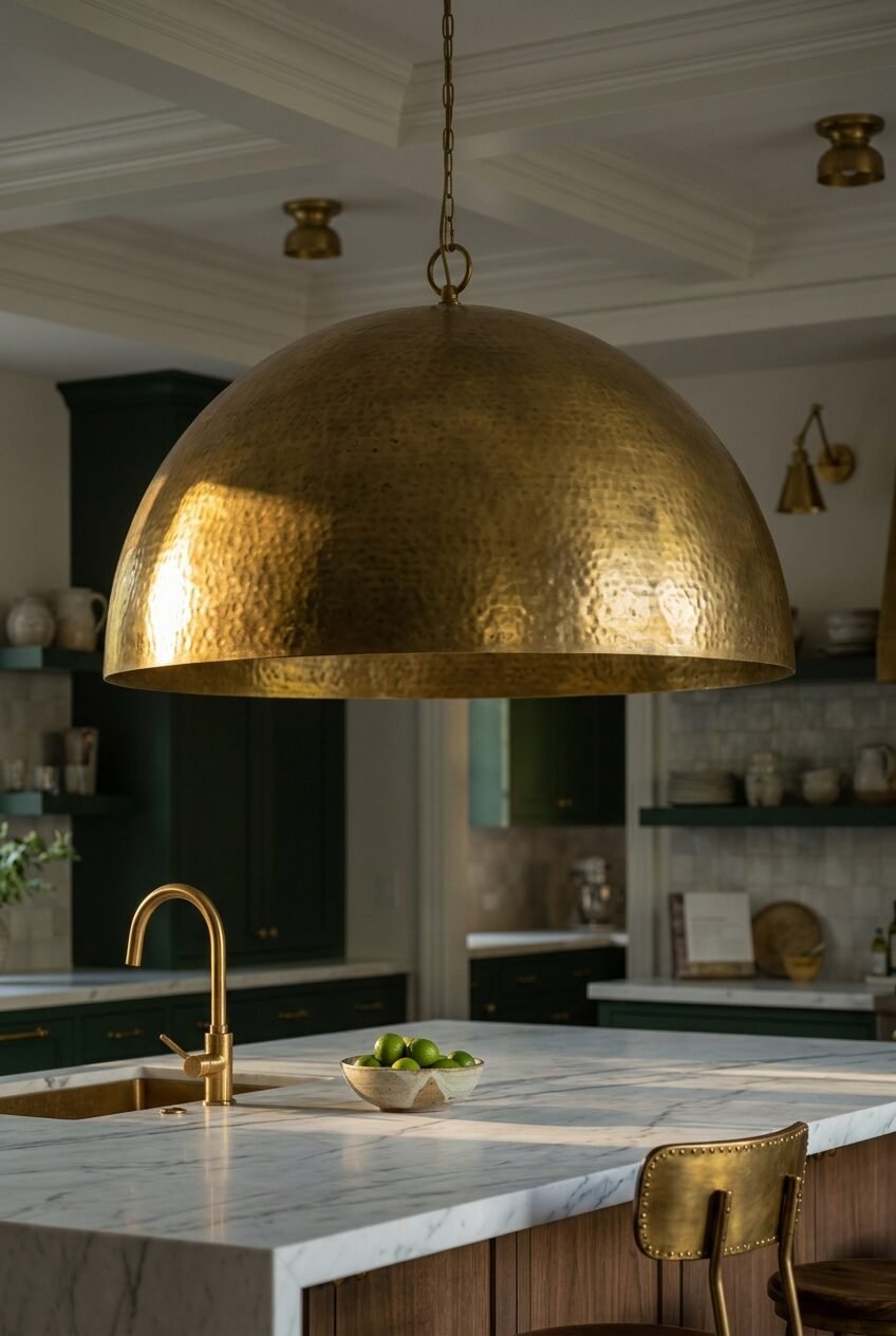Large textured metallic dome light fixture illuminating a marble kitchen island with a bowl of limes.