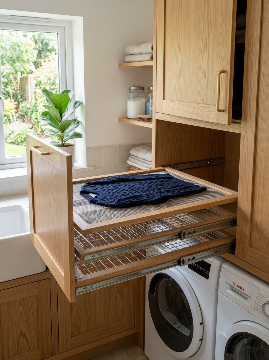A navy blue sweater dries on a wire rack pulled out from a wooden laundry room cabinet.