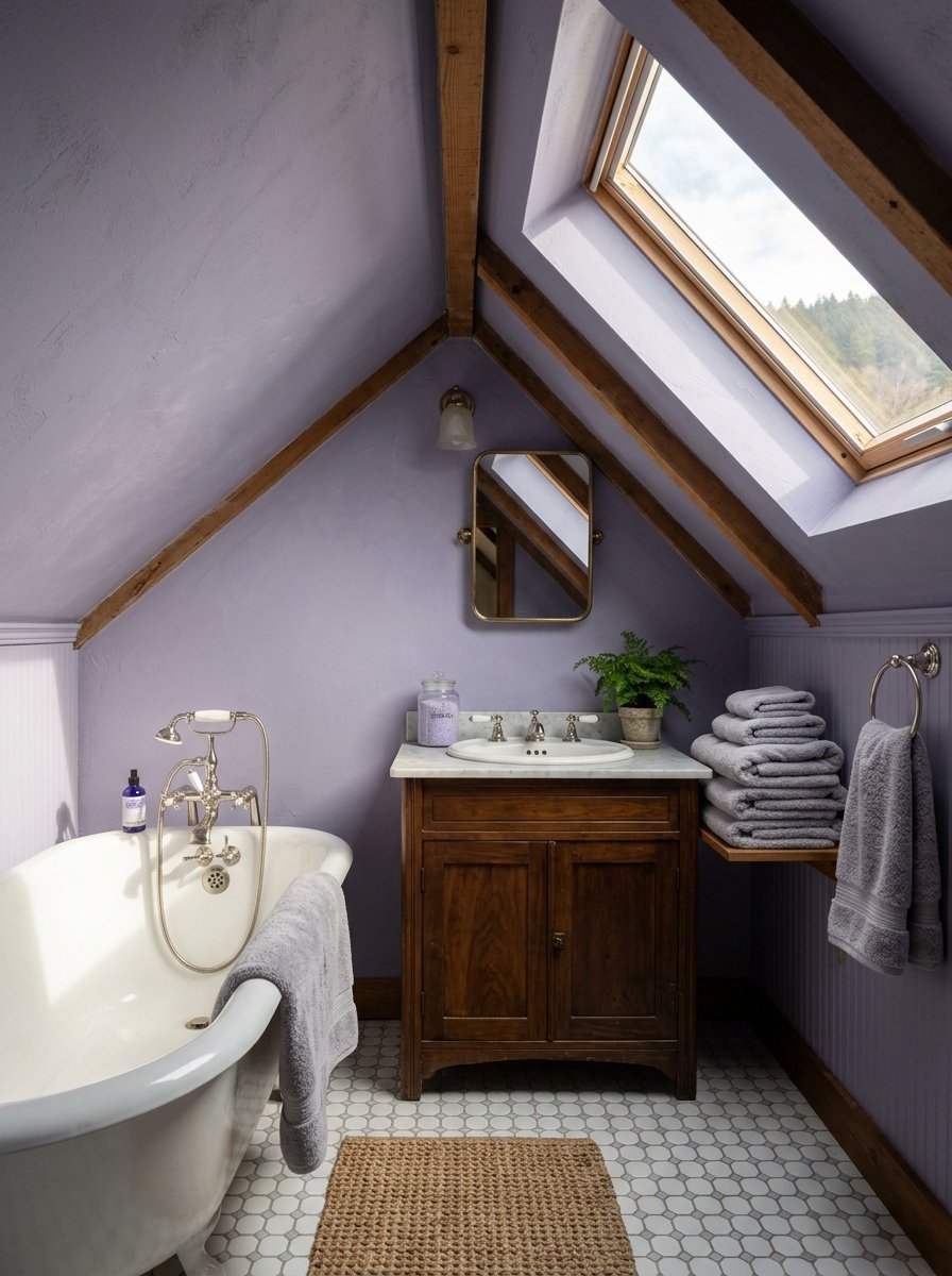 A rustic bathroom built into an attic with purple walls, a clawfoot tub, and wooden vanity under a sloped ceiling.