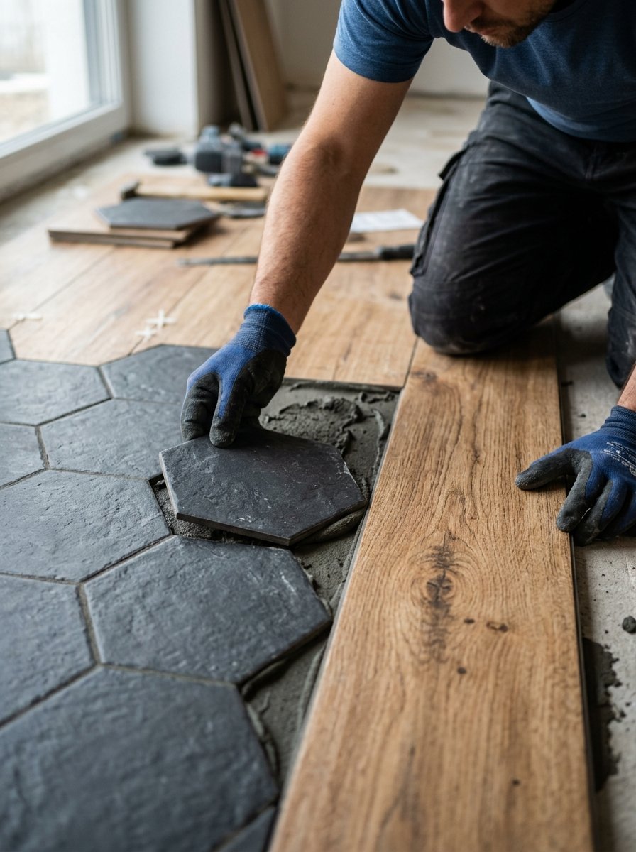 Man wearing blue work gloves places a black hexagonal floor tile into mortar next to wood planks.