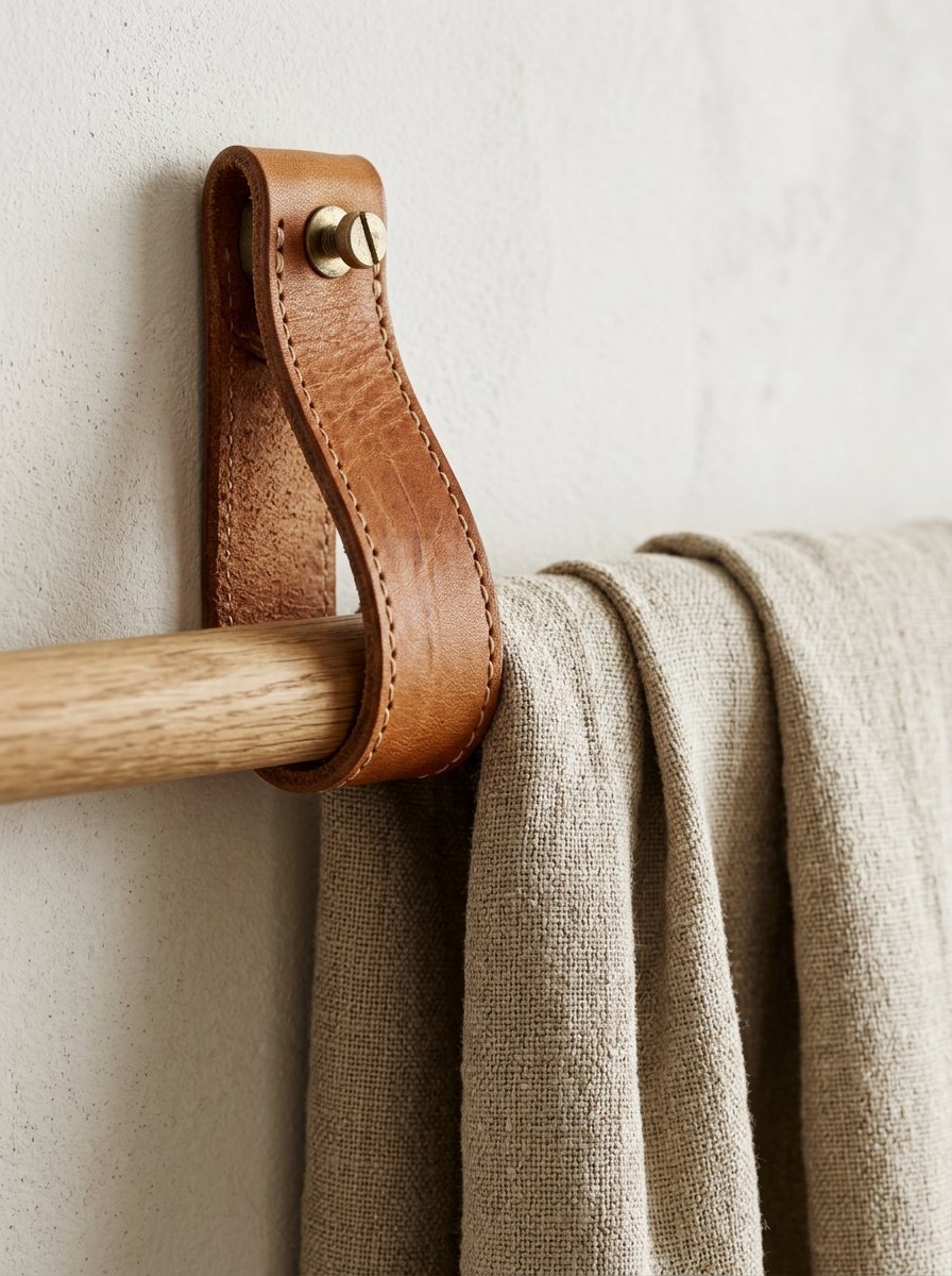 Close up of a wooden towel rod held by a tan leather strap attached to a wall with a brass bolt.