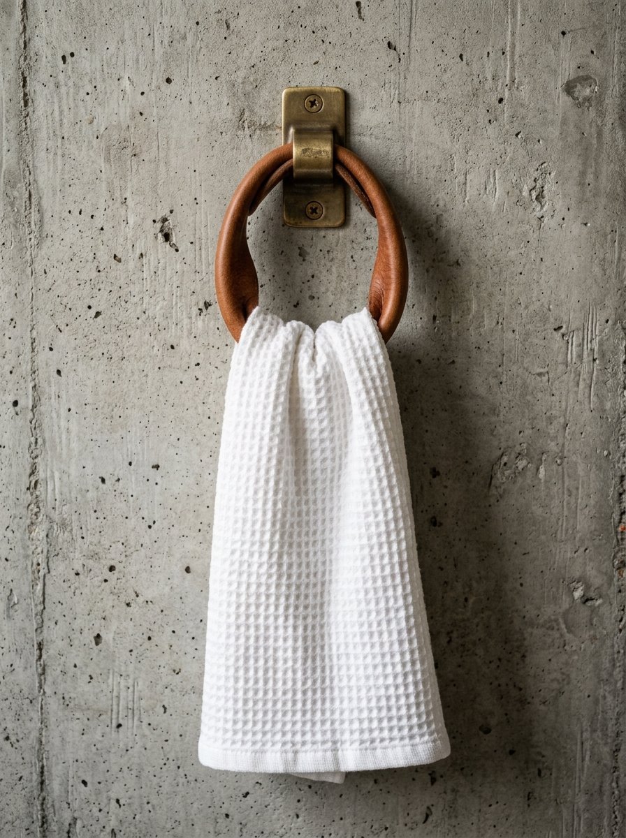 White textured towel draped through a brown leather loop mounted on a grey industrial concrete wall.