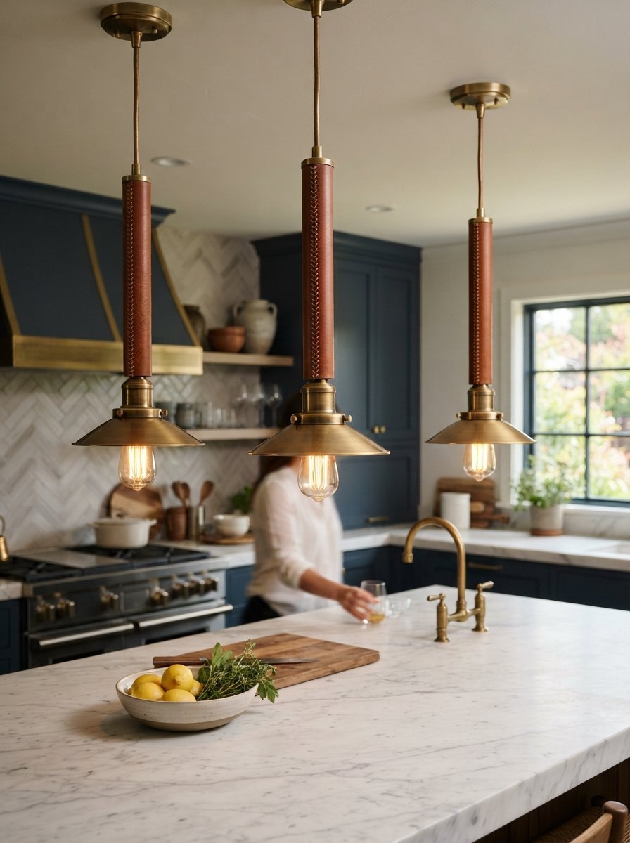 Close up of three hanging pendant lights featuring brown leather sleeves and brass shades in a modern kitchen.