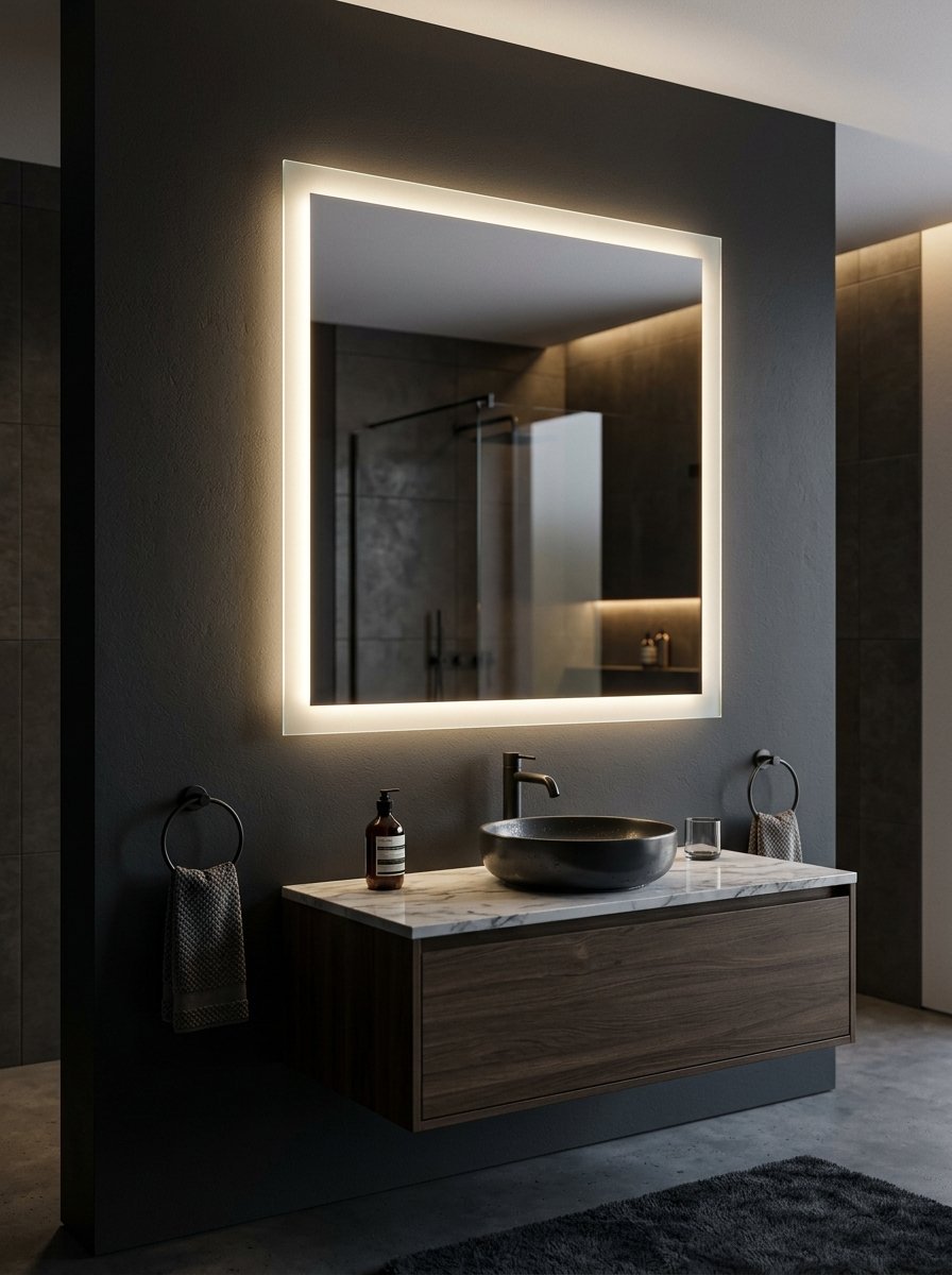 Dark wall bathroom with floating wooden vanity, marble countertop, and square backlit vanity mirror.