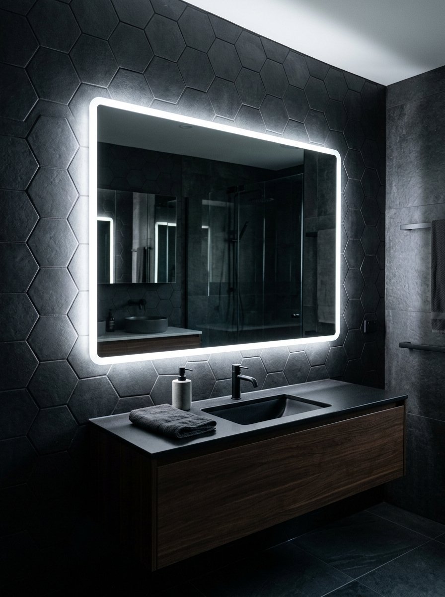 A glowing rectangular mirror above a dark wood vanity sink with black hexagon wall tiles in a bathroom.