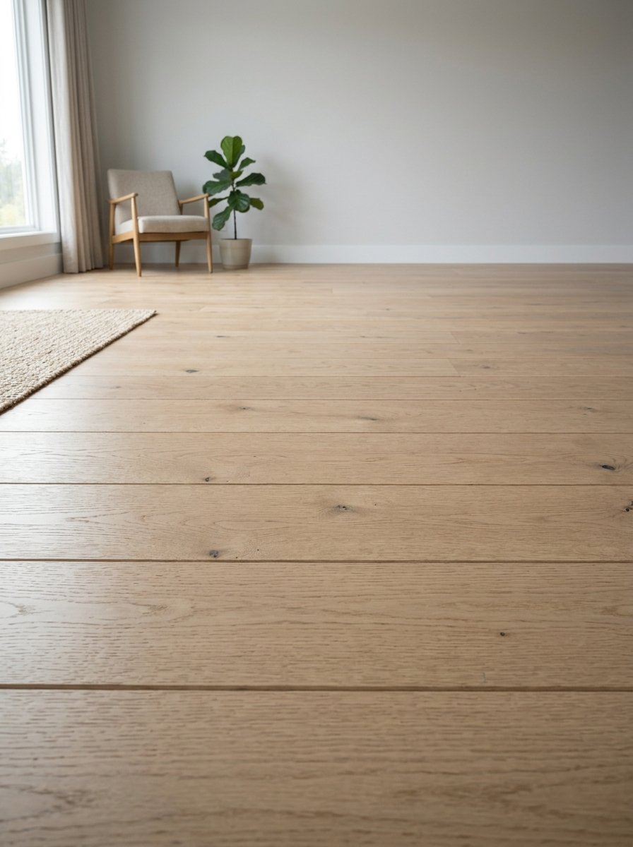 Wide plank light oak wood floors in a bright room with an armchair and potted plant in the corner.