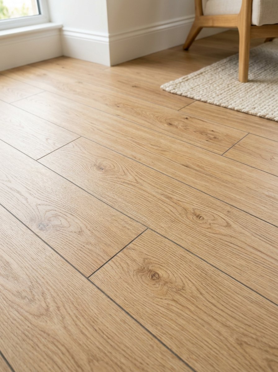 Close-up of light brown wood grain flooring planks next to a white wall and textured rug.