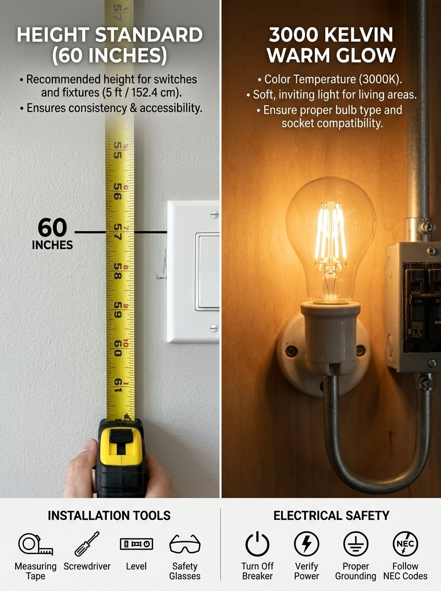 A split image showing a measuring tape at 60 inches next to a warm glowing lightbulb with electrical safety icons.