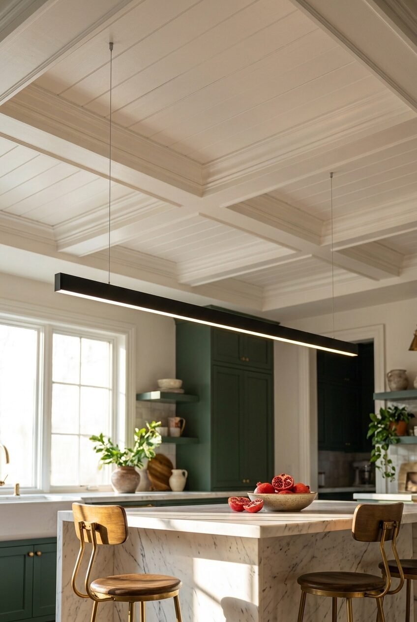 Long thin black LED light fixture hanging over a marble-topped island with wooden stools in a kitchen.
