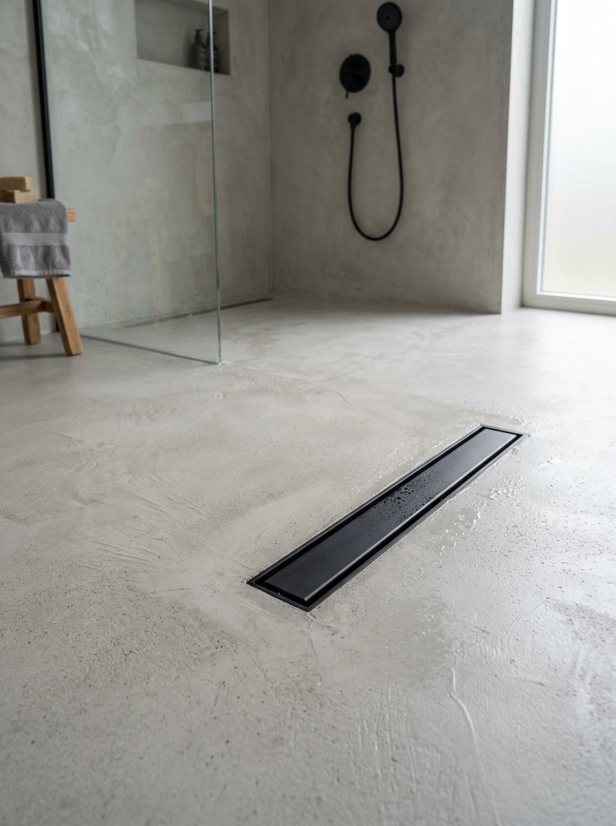 Close up of a rectangular black shower drain centered on a wet textured concrete floor in a modern walk-in shower.
