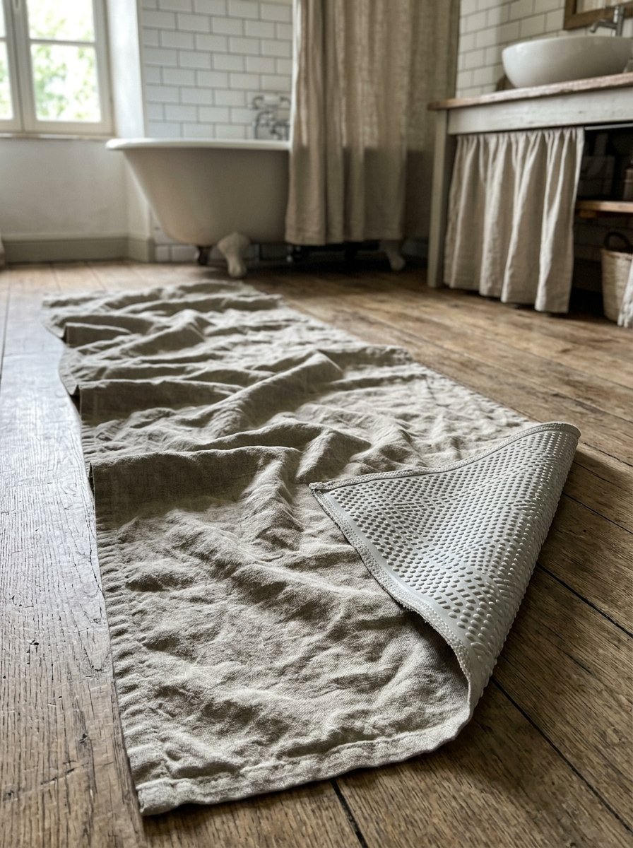 A beige linen runner rug with a folded corner revealing a white dimpled non-slip silicone backing on wood floor.