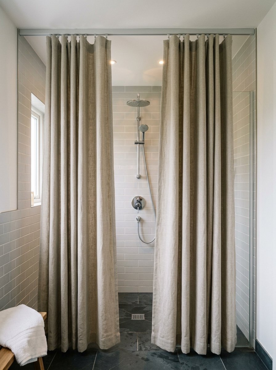 Modern shower stall with grey subway tiles, chrome fixtures, and long beige linen privacy curtains.