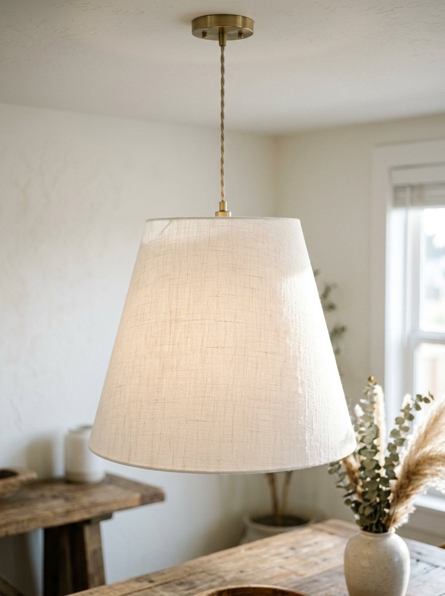 A beige fabric tapered drum shade suspended by a brass ceiling mount and braided cord in a rustic room.
