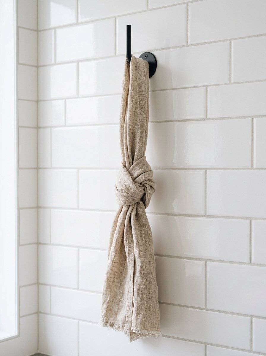 Textured neutral-colored cloth hanging from a modern wall hook against white subway tiles.