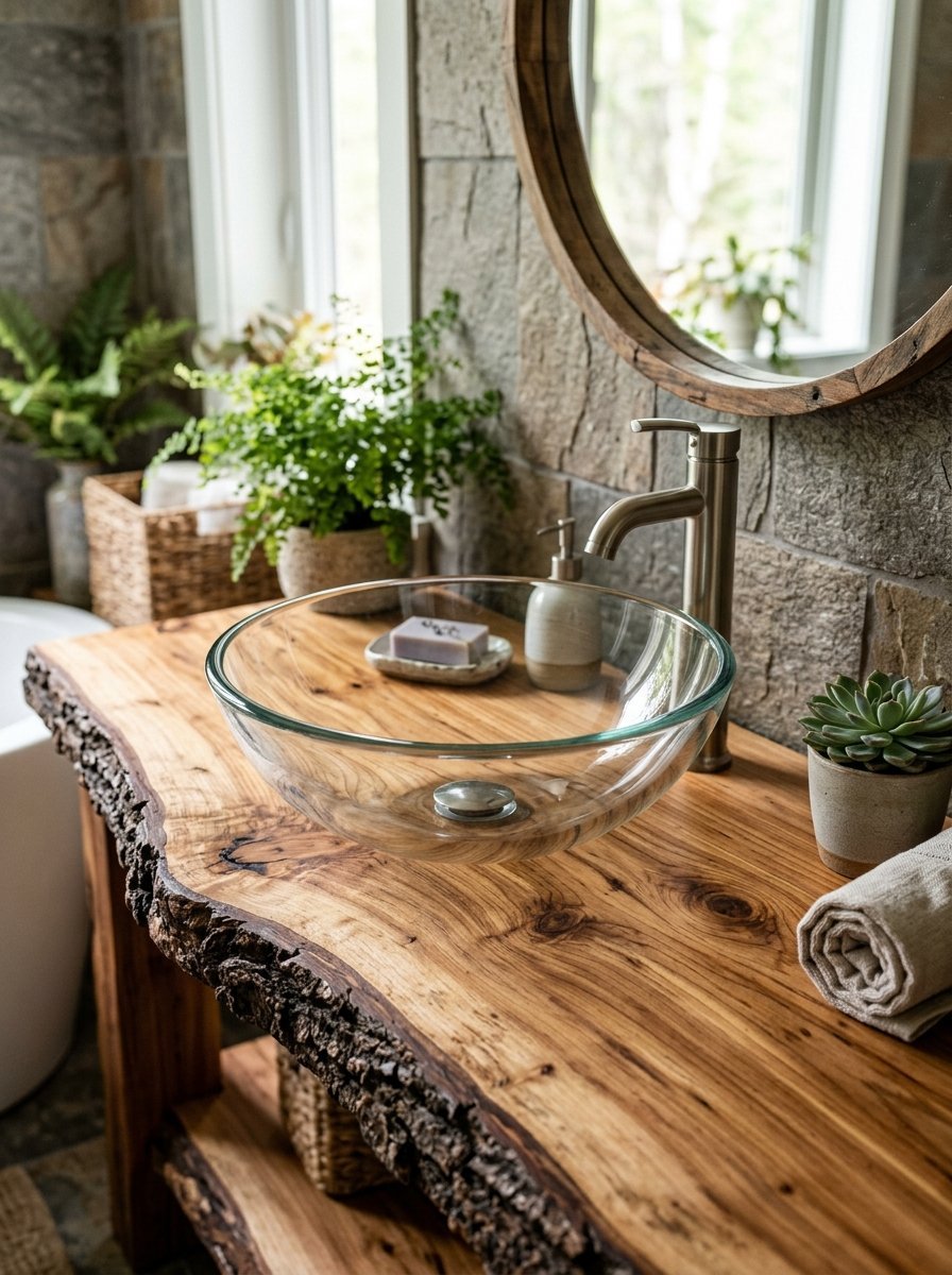 Glass bowl sink on a raw wood countertop with plants and a round mirror in a stone bathroom.