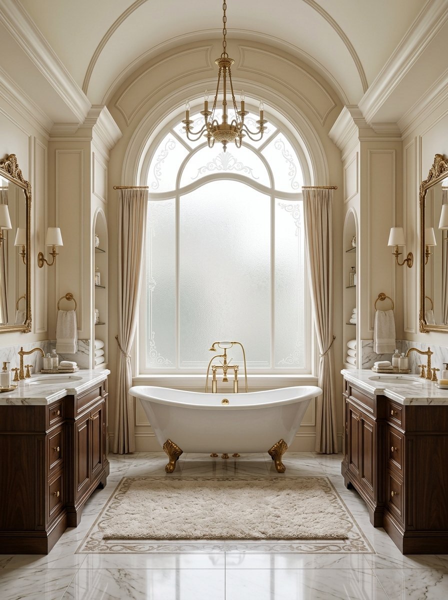 A white clawfoot tub sits centered in a symmetrical bathroom with dual dark wood vanities and a large arched window.
