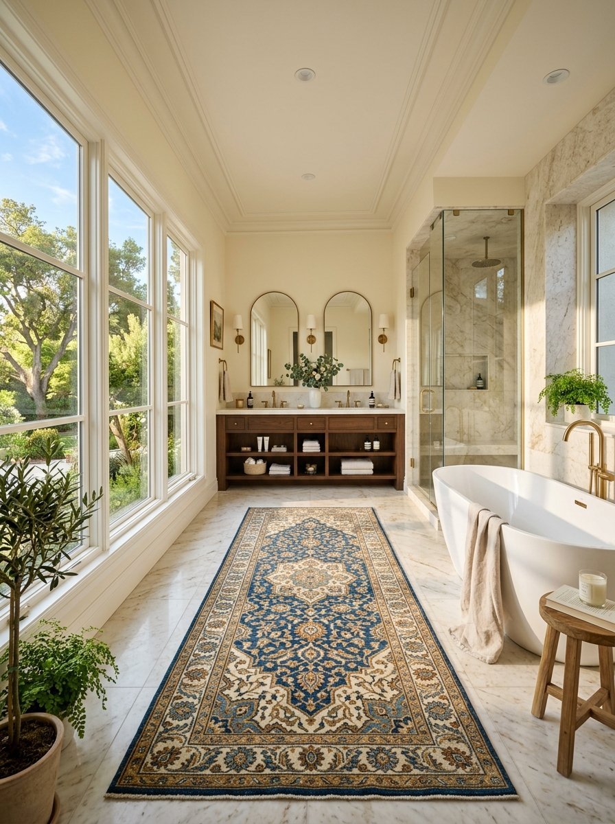Spacious bathroom with marble floors, a freestanding tub, and an ornate blue and gold patterned rug.
