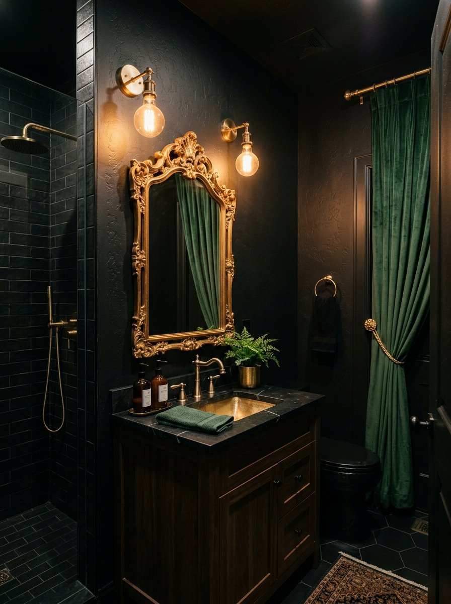 Modern dark interior bathroom featuring a wooden vanity, gold sink, and dramatic green curtains.